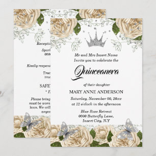 Convite Beige prata tiara rosa quinceanera