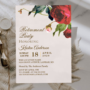 Convite Beige Royal Red Floral Retirement Party