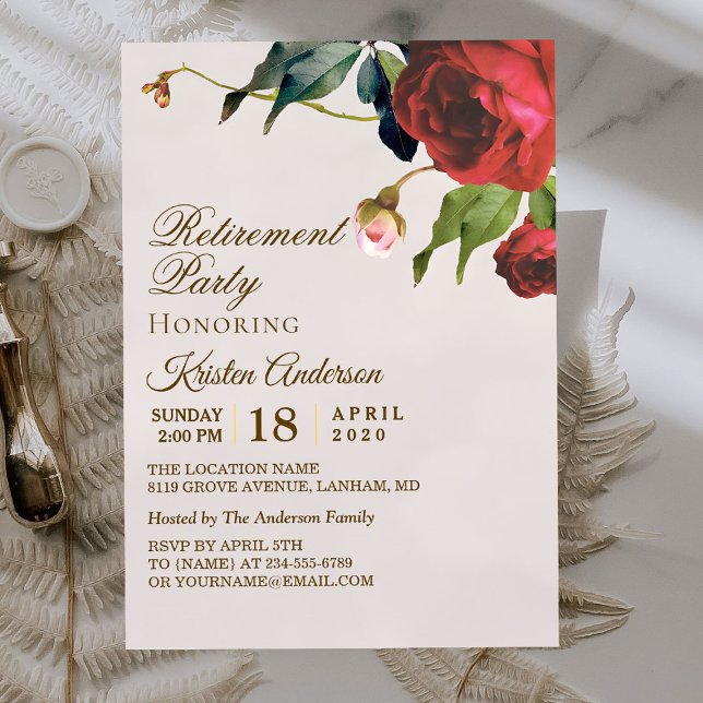 Convite Beige Royal Red Floral Retirement Party (Criador carregado)