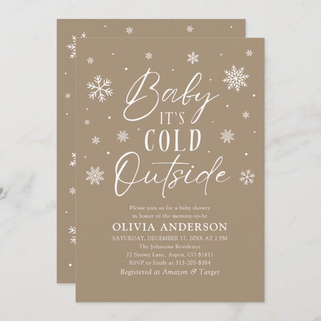 Convite Beige Snowflake Baby É frio fora do Chá de fraldas (Frente/Verso)