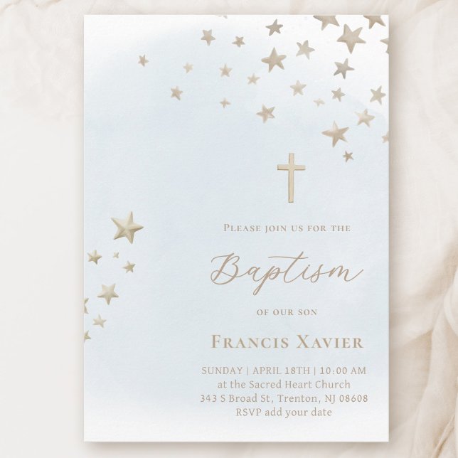 Convite beige stars on pastel blue sky | Baptism  (Criador carregado)