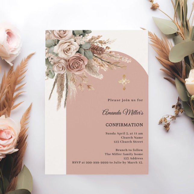 Convite Beige taupe roses pampas arch ivory Confirmation (Criador carregado)