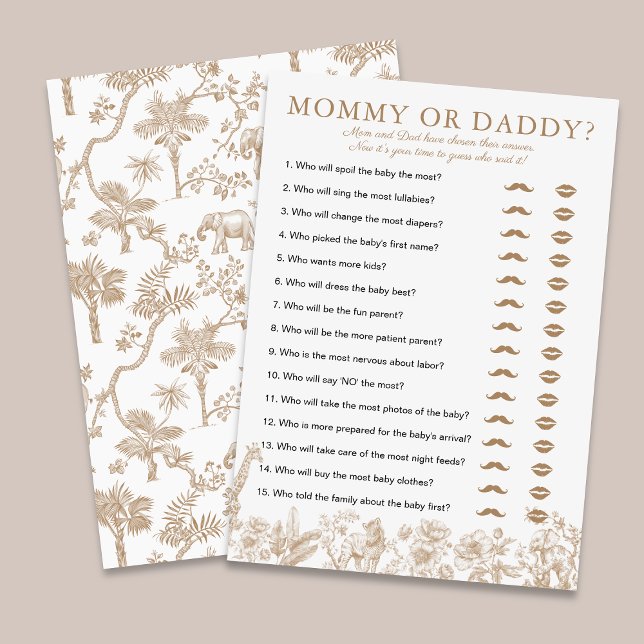 Convite Beige Toile Baby Shower Mommy or Daddy Game Card (Beige Toile Baby Shower Mommy or Daddy Game Card)