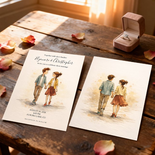 Convite Beige Whimsical Watercolor Romantic Couple Wedding (Criador carregado)
