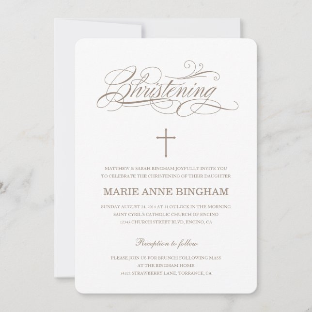 Convite Beige White Elegant Calliographic Christening (Frente)