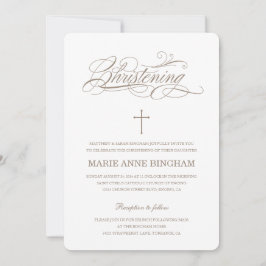 Convite Beige White Elegant Calliographic Christening