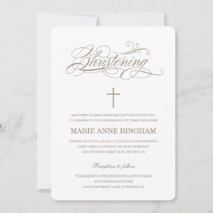 Convite Beige White Elegant Calliographic Christening