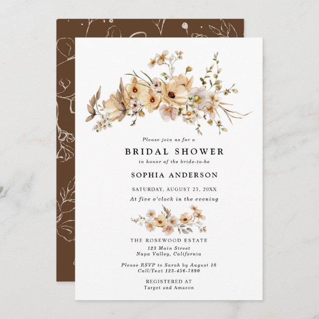 Convite Beige Wild Flowers Bridal Shower (Frente/Verso)