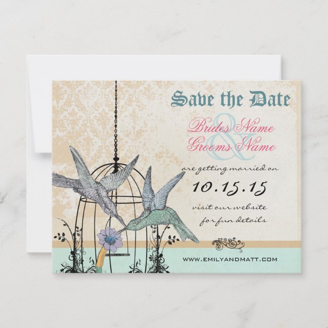 Convite Beija-flor Damask  Gaiola de Casamento Save the Da (Frente)