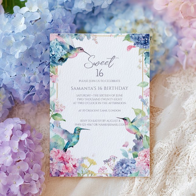 Convite Beija-flores Caprichosos com Hidrangeas Sweet 16 (Criador carregado)