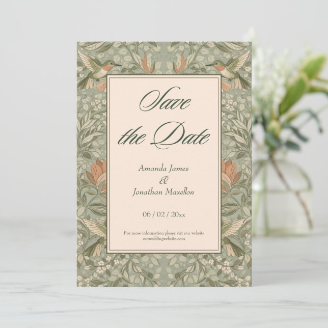 Convite Beija-flores e Flores Art Nouveau Salve a Data (Em pé/Frente)