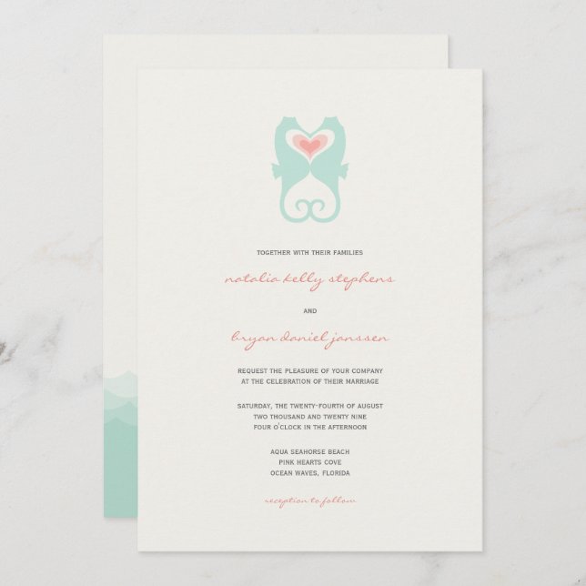 Convite Beijar Cavalos Adoram Corações de Praia Casamento  (Frente/Verso)