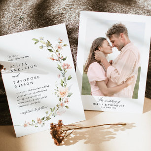 Convite Beijo de Pêssego Floral Foto Costas Casamento