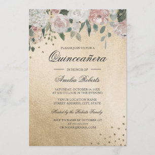 Convite Beijo Rosa Dourado Aquarela Floral Quinceanera
