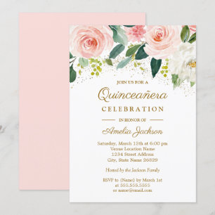 Convite Beijo Rosa Dourado Quinceanera Floral Aquarela