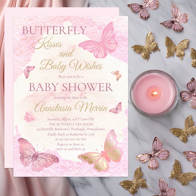 Convite Beijos borboletas e bebês desejam Chá de fraldas (Butterfly Kisses and Baby Wishes Pink Girl Baby Shower Invitation - Print | Digital Download)
