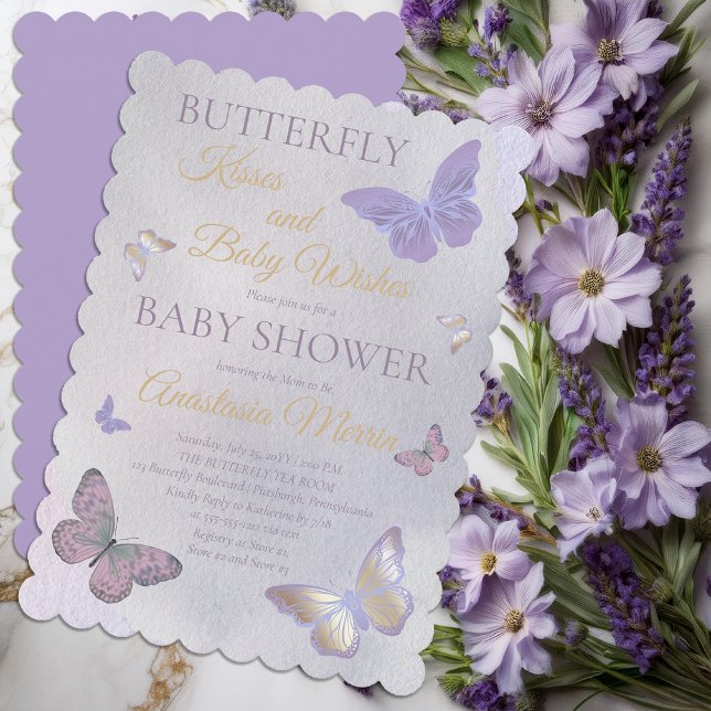 Convite Beijos borboletas e bebês desejam Chá de fraldas (Butterfly Kisses and Baby Wishes Girl Baby Shower Lavender and Gold Tone Invitation - Print Download)