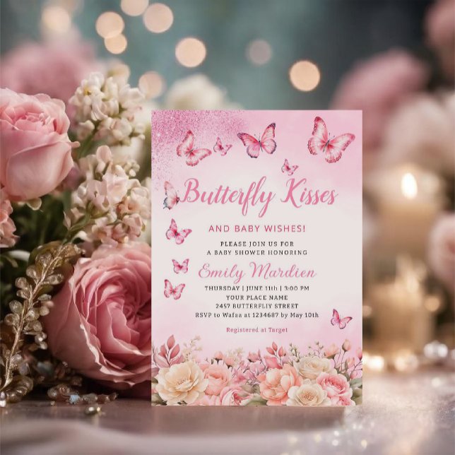 Convite Beijos borboletas e bebês desejam Chá de fraldas r (Criador carregado)