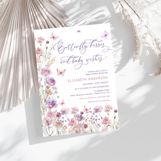 Convite Beijos borboletas e bebês desejam um bebê rosa púr (Criador carregado)