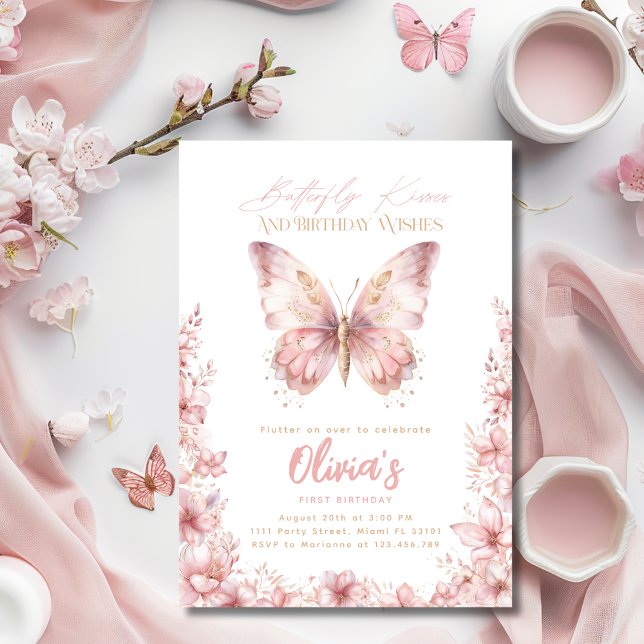 Convite Beijos de Borboleta Aniversário Festa de Borboleta (Butterfly Kisses Birthday Pink Butterfly Party Invitation)