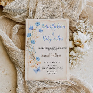 Convite Beijos de Borboleta Floral Boho Azul Chá de Bebê