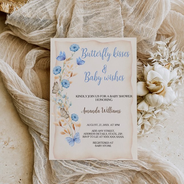 Convite Beijos de Borboleta Floral Boho Azul Chá de Bebê (Criador carregado)