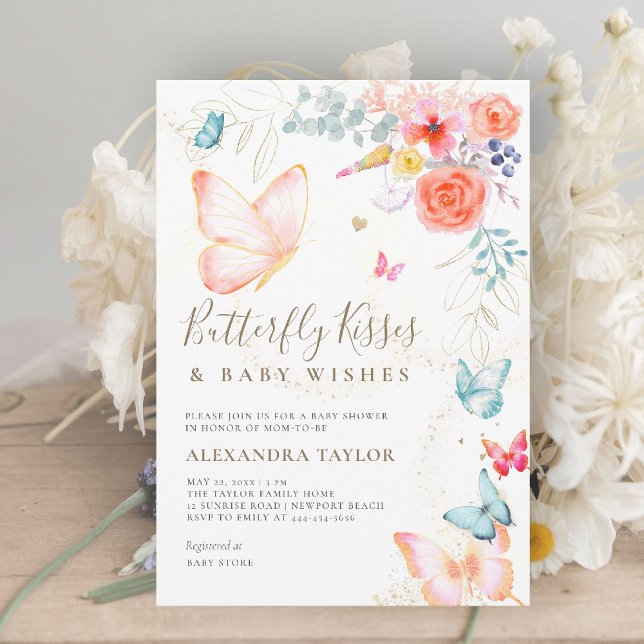 Convite Beijos de Borboleta Jardim de Pêssego Chá de Bebê  (butterfly kisses baby shower invitation bright colorful garden peach orange teal blue whimsical)