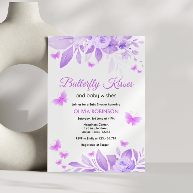 Convite Beijos de borboleta púrpura e Chá de fraldas de de (Purple Butterfly Kisses & Baby Wishes Baby Shower Invitation )