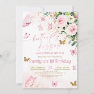 Convite Beijos e Desejos de Aniversário com Borboleta Flor