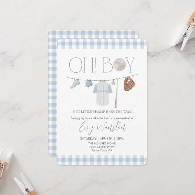 Convite Beisebol azul claro Oh, chá de fraldas de menino c (Frente/Verso In Situ)