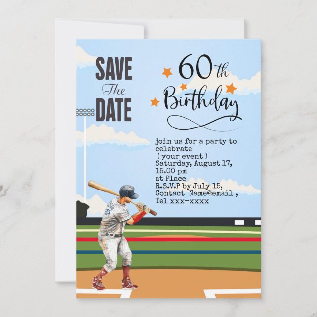 Convite Beisebol salve a Festa de aniversário 60 (Frente)