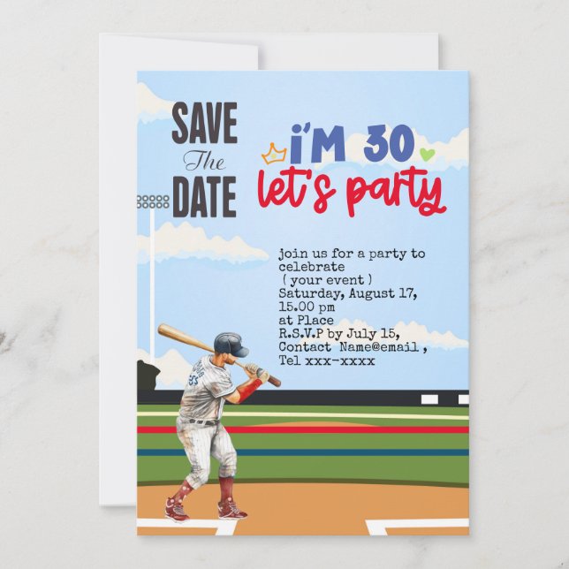 Convite Beisebol, salve a festa do aniversário de 30 anos (Frente)