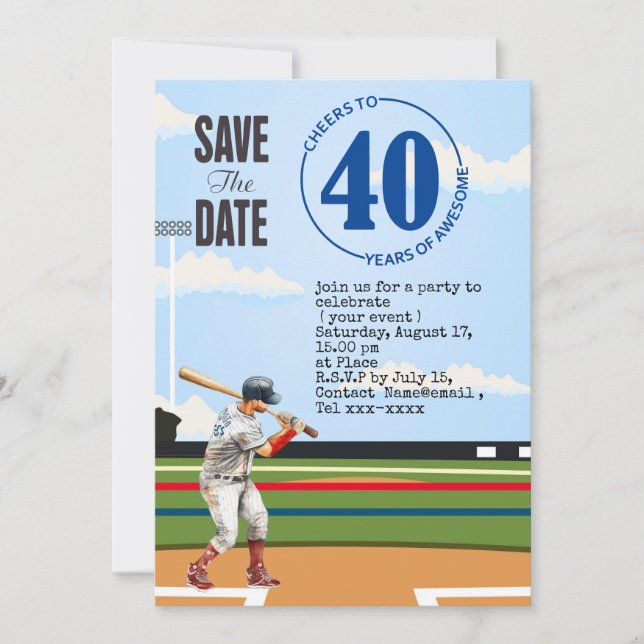 Convite Beisebol, salve a festa do aniversário de 40 anos (Frente)