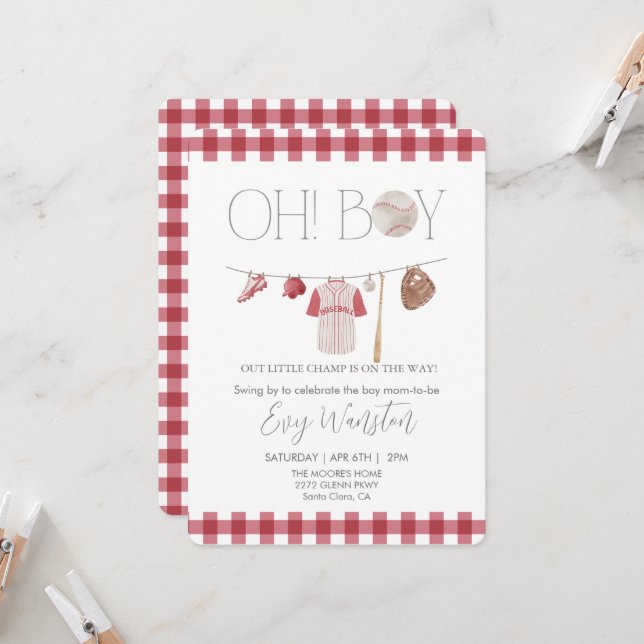 Convite Beisebol vermelho Oh, chá de fraldas de garoto con (Frente/Verso In Situ)