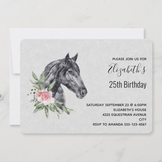 Convite Bela Cabeça de Cavalo Retrato Aquarela Aniversário (Frente)