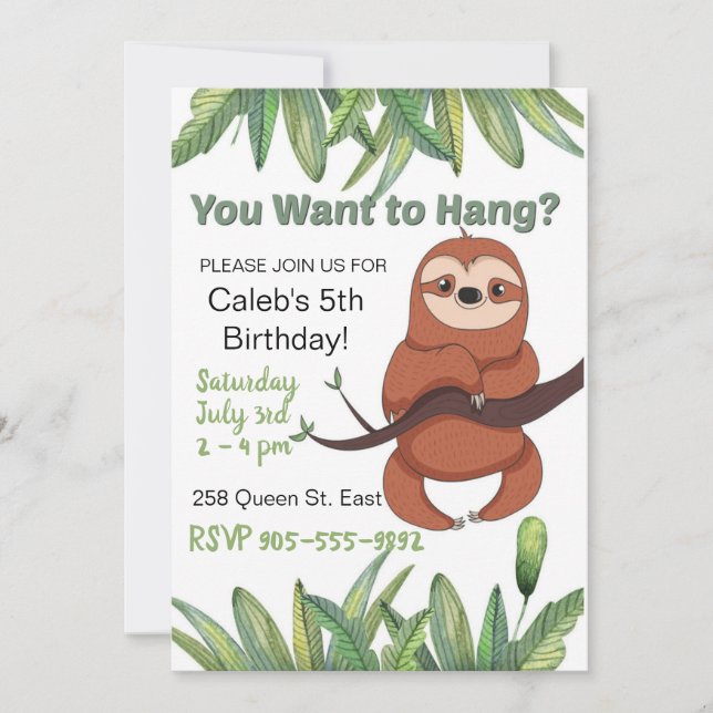 Convite Bela caricatura pendurada Sloth Birthday (Frente)