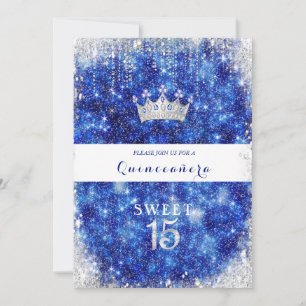 Convite Bela Coroa de Quinceanera com Brilho Azul