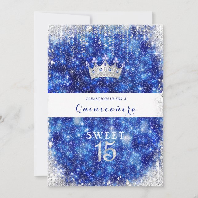 Convite Bela Coroa de Quinceanera com Brilho Azul (Frente)