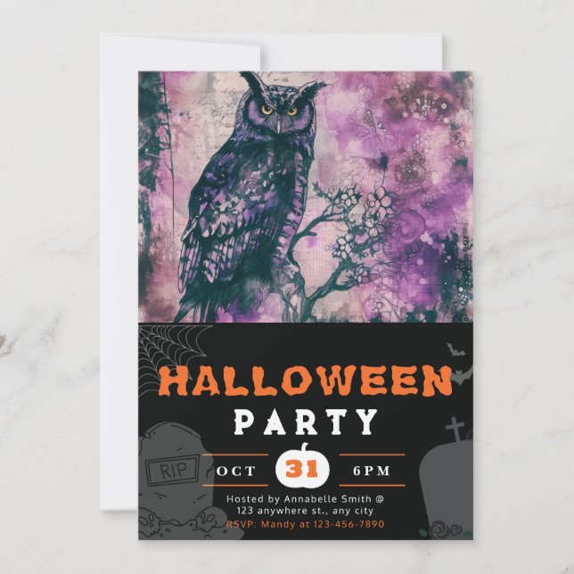 Convite Bela Coruja Preta e Roxa Halloween Preto (Frente)