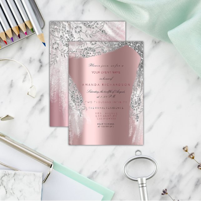 Convite Bela Décima Sexta de Noiva Rosa Cinza Prateado Bri (Pink Sweet 16th Bridal Silver Gray Rose Sparkly Invitation)