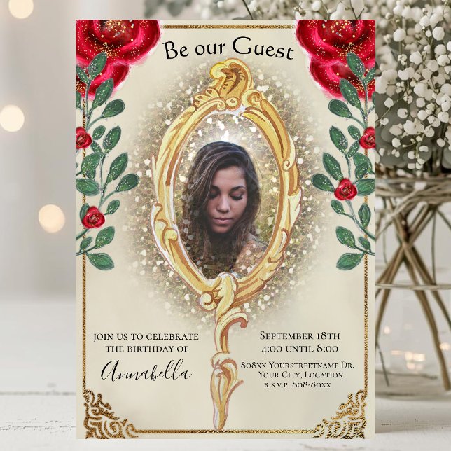 Convite Bela e a Fera Espelho de Foto e Rosas Vermelhas De (Criador carregado)