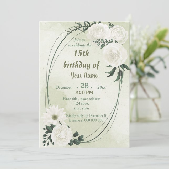 Convite bela festa de aniversário geométrica floral branca (Em pé/Frente)