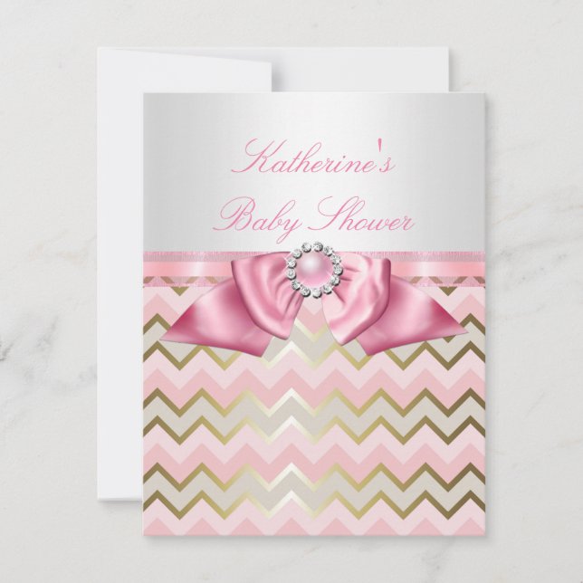 Convite Bela Festa de Bebê Menina Pink Dourado Chevron (Frente)