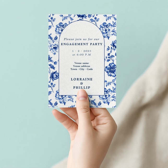 Convite Bela festa de noivado floral de arco de software (Delftware arch, blue and white engagement invitation)