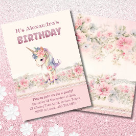 Convite Bela Flor Rosa Garota Unicórida Aniversário