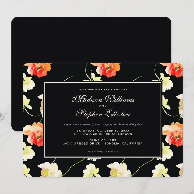 Convite Bela Floral Negra - Casamento (Frente/Verso)