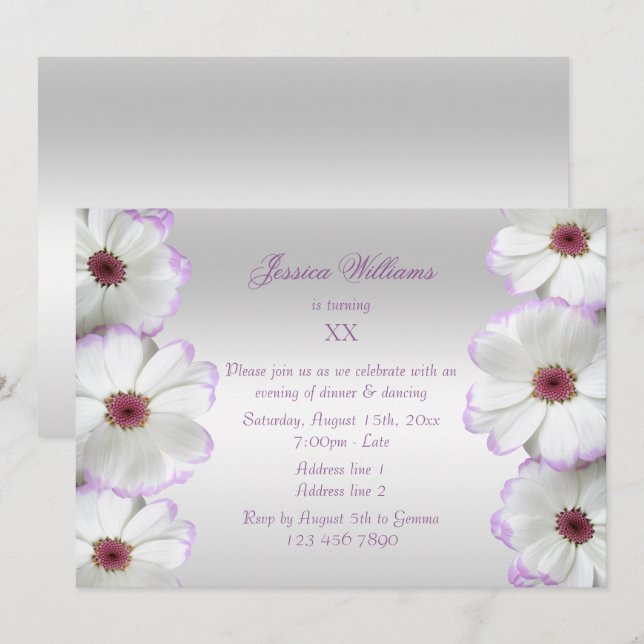 Convite Bela Flores Brancas e Lilás Aniversário (Frente/Verso)