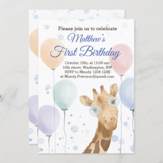 Convite Bela Girafa Colorida Garoto Balão Aniversário