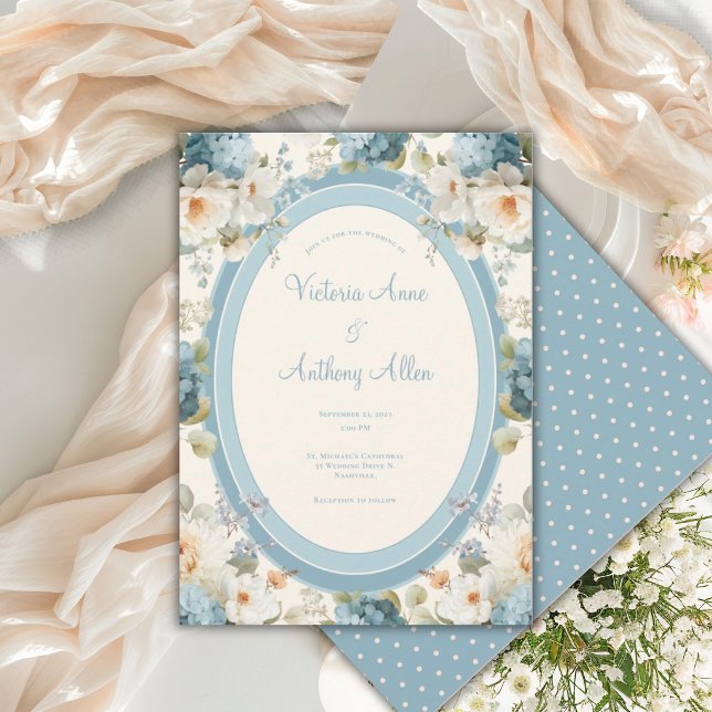 Convite Bela Hidrangeás Azuis Creme Floral Casamento  (Criador carregado)