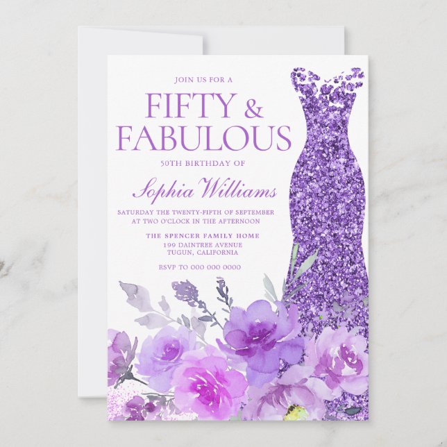 Convite Bela Lavanda Roxa Floral 50º Aniversário (Frente)